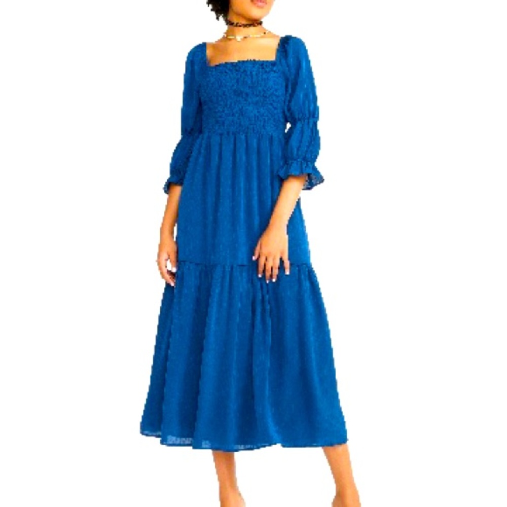 Summer sun dress Double puff sleeve woven midi blue maternity friendly